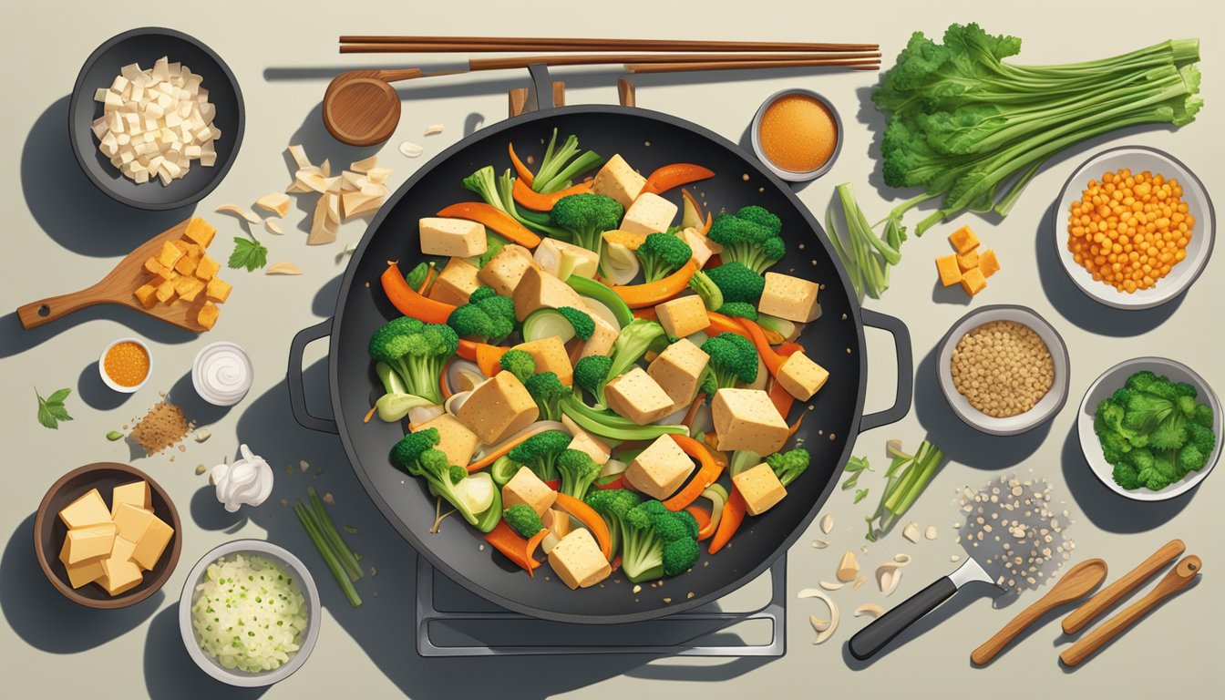 A colorful stir-fry sizzling in a wok, with chunks of tofu and kohlrabi, surrounded by various prepped ingredients and cooking utensils