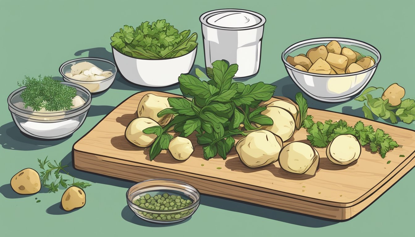 A cutting board with diced kohlrabi and potatoes, surrounded by various herbs and spices, next to a stack of meal prep containers