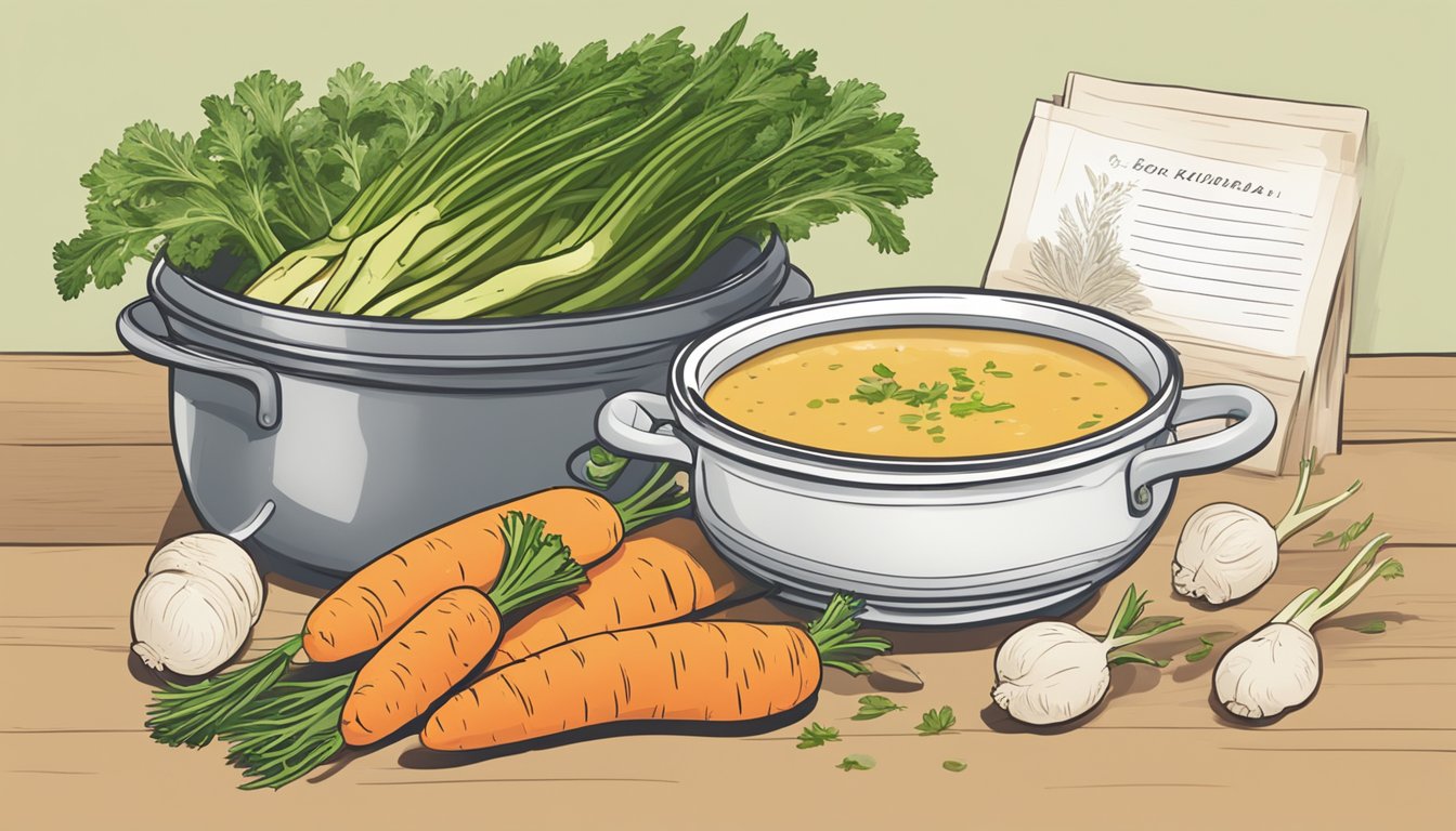 A steaming pot of kohlrabi soup surrounded by fresh carrots and ginger, with a stack of recipe cards nearby