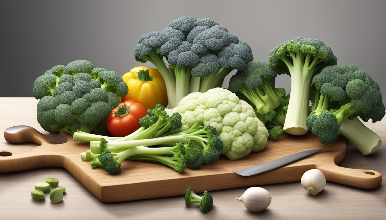 A colorful array of kohlrabi, broccoli, and other fresh vegetables arranged on a cutting board, with a variety of kitchen utensils nearby