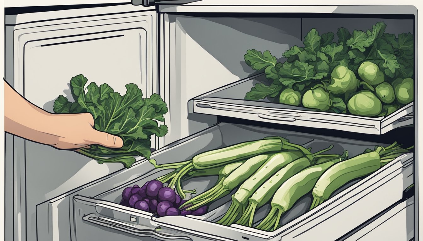 A hand reaching into a refrigerator drawer, pulling out a bunch of fresh kohlrabi. Nearby, a cutting board and knife await