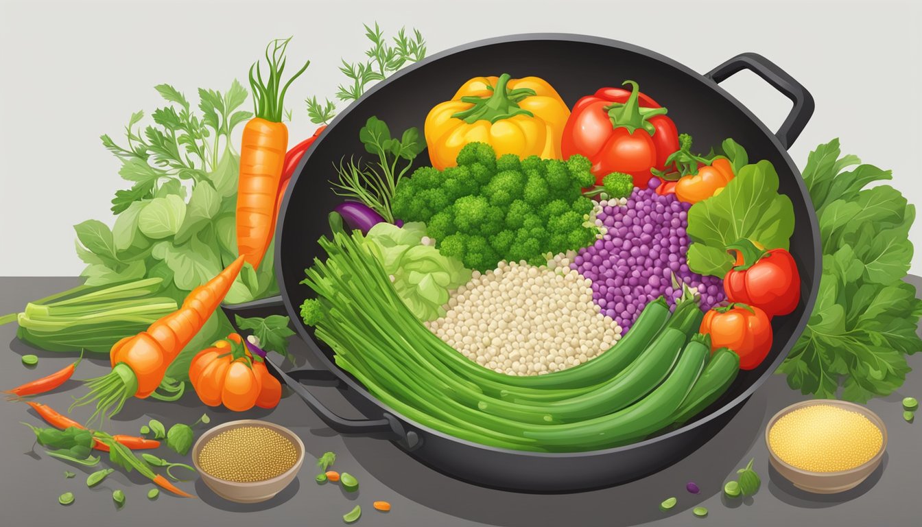 A colorful array of fresh vegetables and mung beans sizzling in a wok, emitting aromatic spices and herbs