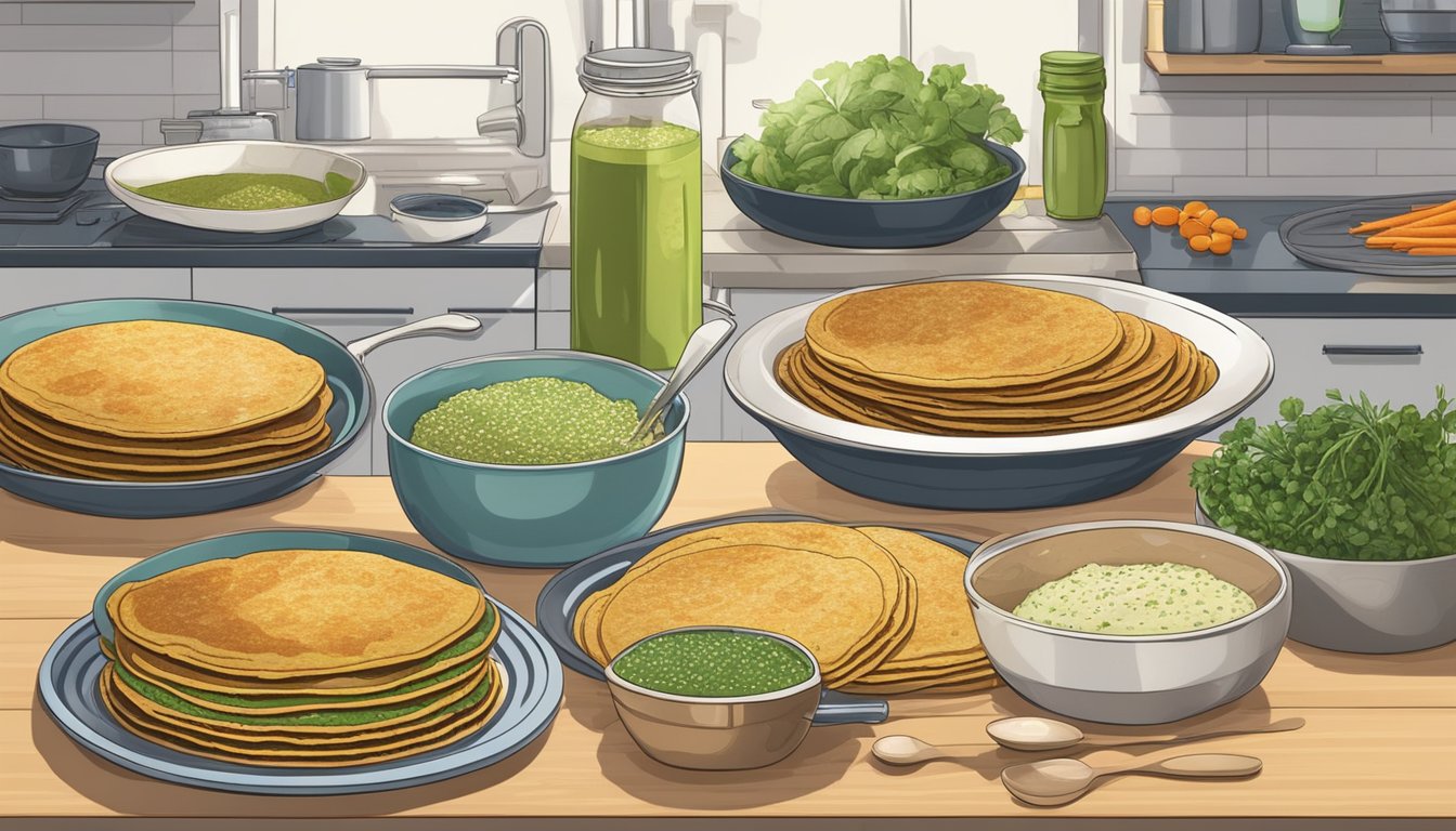 A stack of savory mung bean pancakes surrounded by various meal prep ingredients and utensils on a kitchen counter