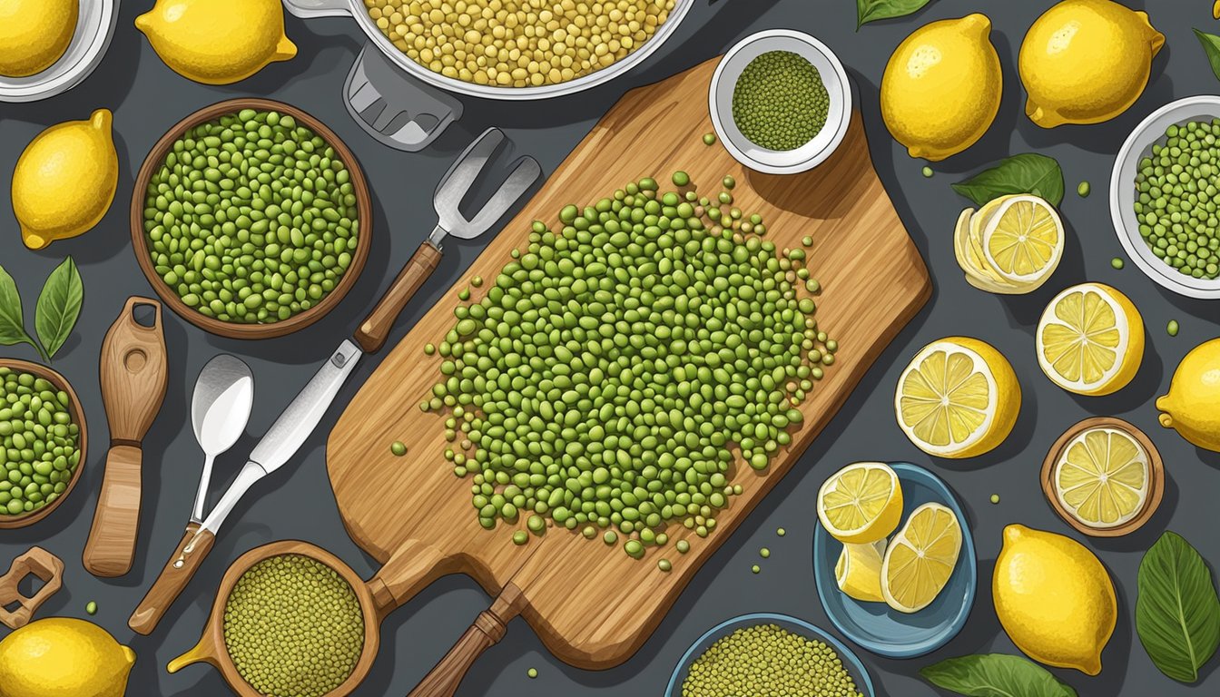 A colorful array of fresh mung beans, lemons, and ginger arranged on a wooden cutting board, surrounded by various cooking utensils and bowls