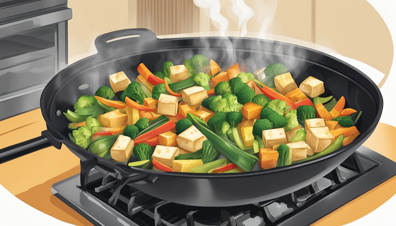 A colorful array of chopped vegetables, tofu, and a savory teriyaki sauce stir-frying in a large wok over a sizzling hot stove