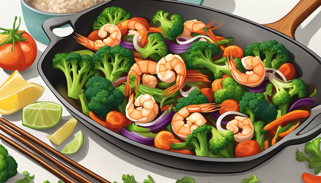 A sizzling skillet holds spicy shrimp, vibrant broccoli, and colorful stir fry ingredients, ready for meal prep