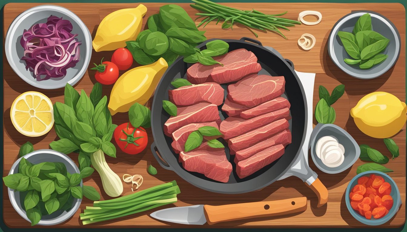 Fresh ingredients on a cutting board: sliced beef, lemon, basil, and assorted vegetables. A wok sizzles on a stovetop, ready for stir-frying