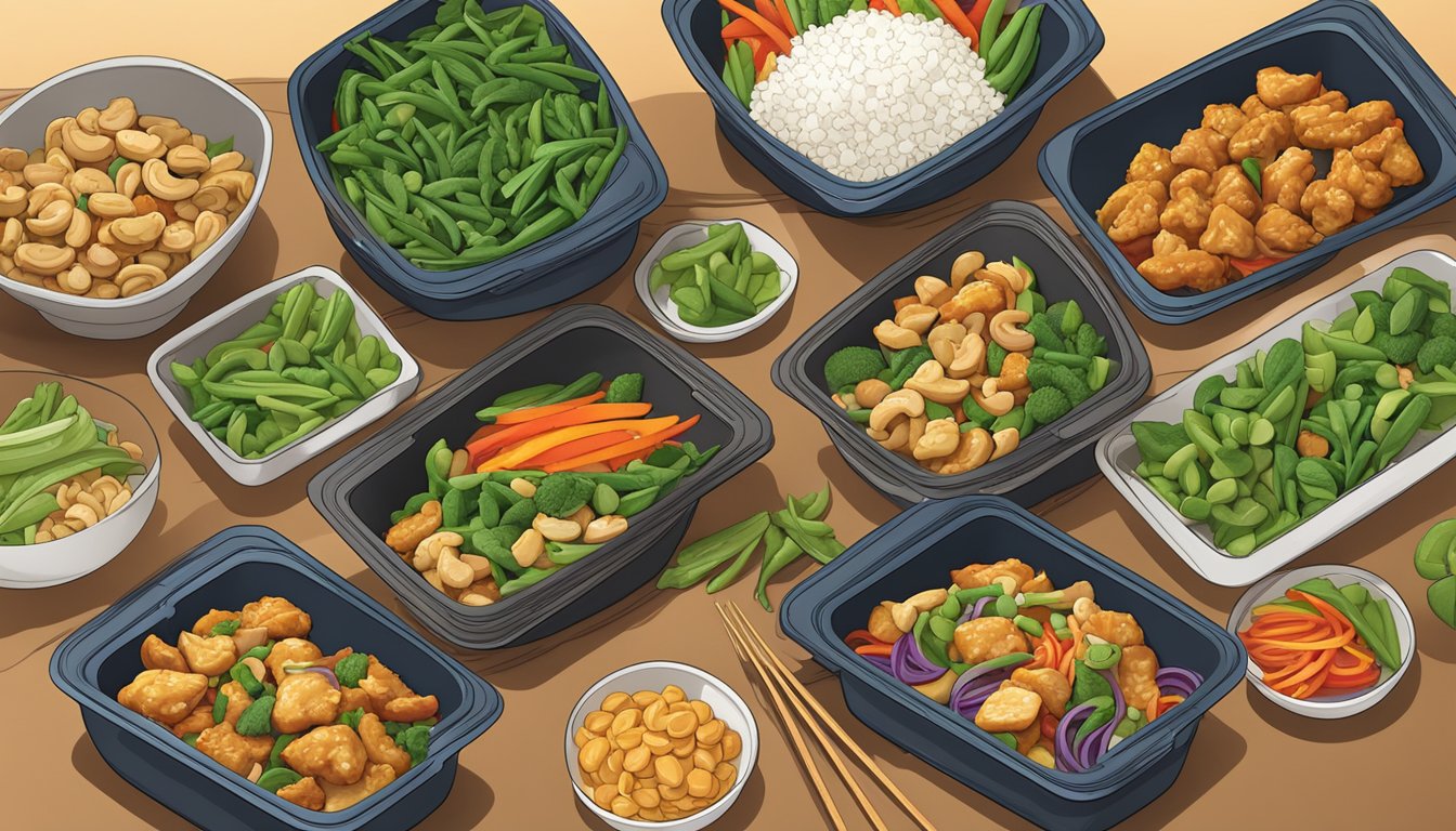 A sizzling wok filled with cashew chicken, snow peas, and colorful stir-fry vegetables, surrounded by neatly arranged meal prep containers