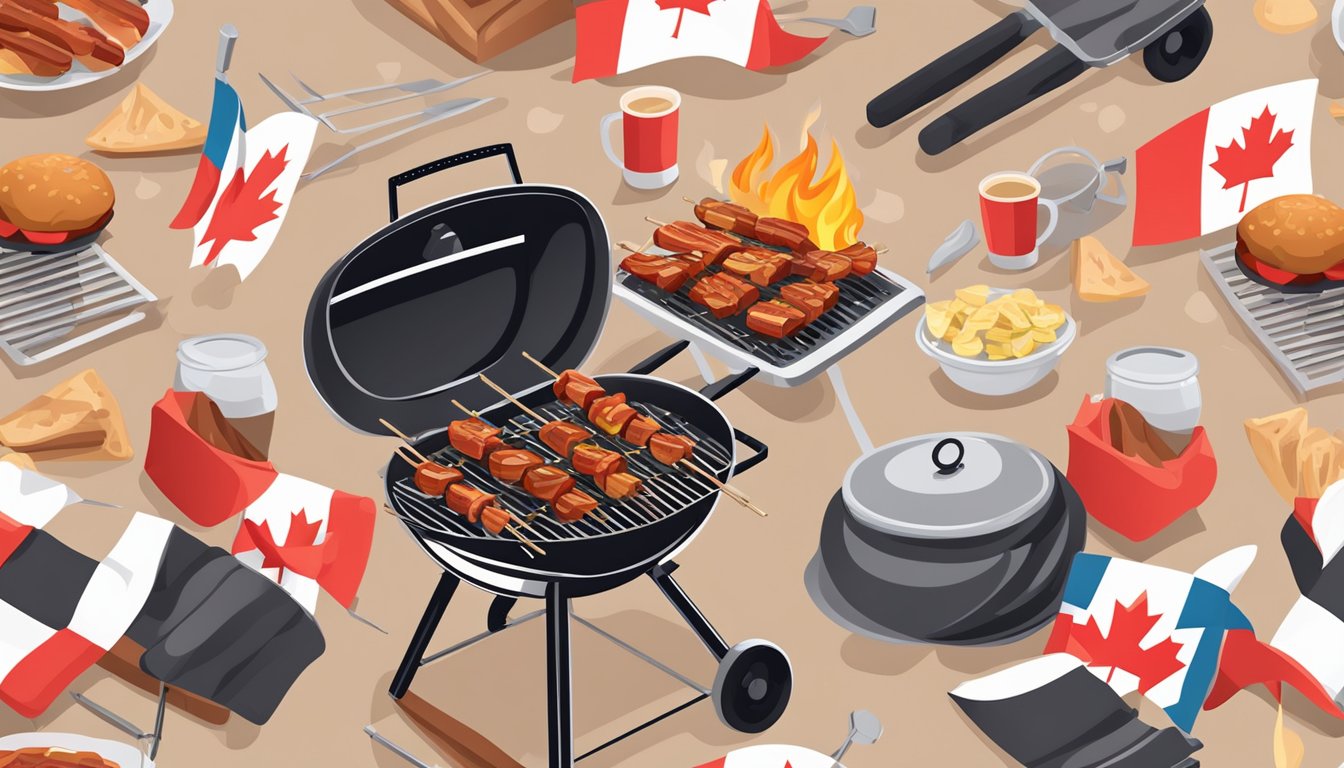 A barbecue grill with sizzling maple bacon BBQ skewers surrounded by Canadian flags and picnic accessories