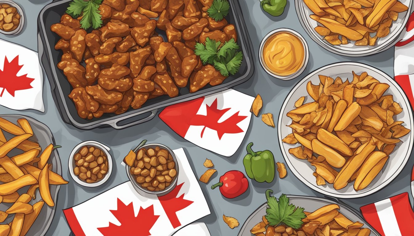 A table spread with poutine-stuffed peppers, maple leaf decor, and Canadian flags for Canada Day meal prep