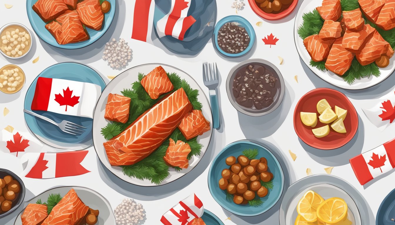 A plate of maple-glazed salmon bites surrounded by Canadian flag decorations and other Canada Day-themed meal prep items