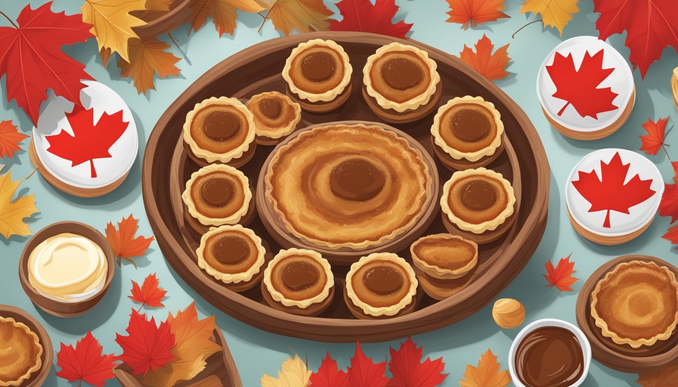 A table set with 10 Canadian butter tarts surrounded by maple leaves and red and white decorations for Canada Day