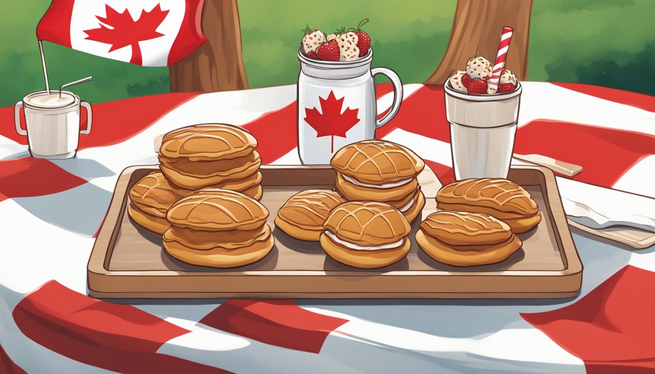 A Canadian flag waving in the background as BeaverTail-inspired pastries are arranged on a picnic table with maple leaf decorations