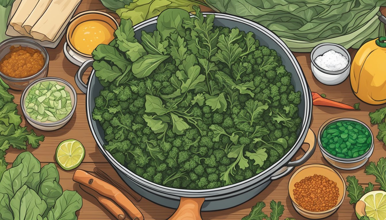 A steaming pot of spicy collard greens surrounded by colorful Kwanzaa-themed meal prep ingredients