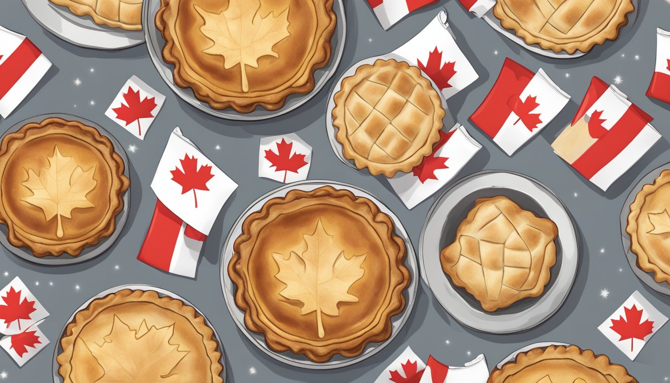 A table set with mini tourtière pies, Canadian flags, and maple leaf decorations for Canada Day meal prep