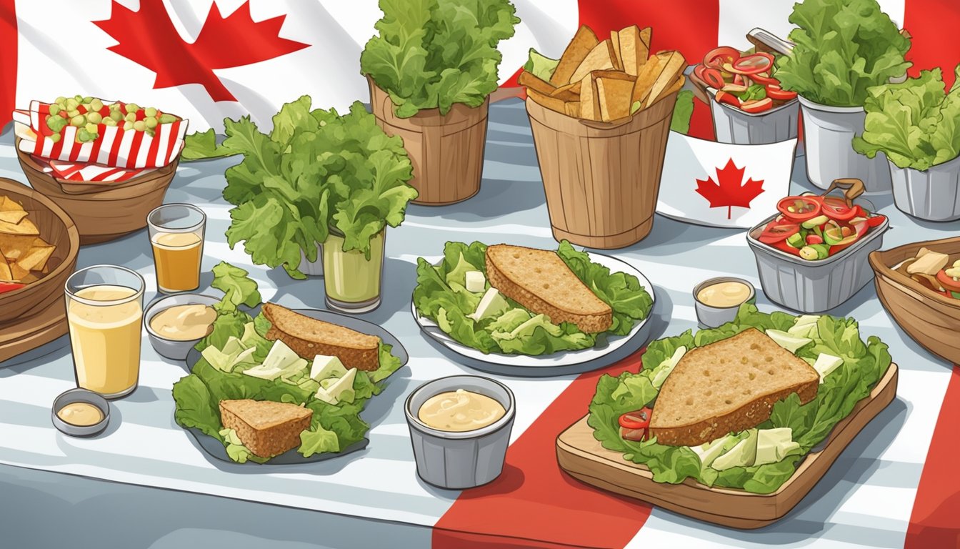 A picnic table set with a Caesar salad topped with maple dressing, surrounded by Canadian flags and other festive decor for Canada Day meal prep