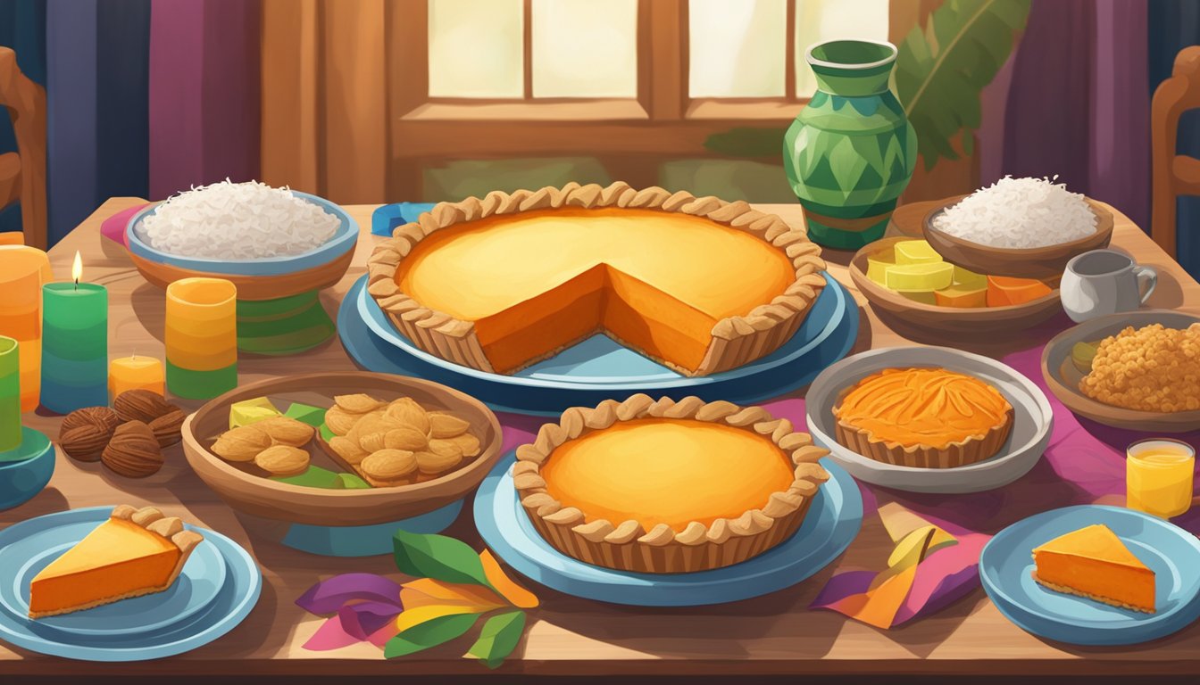 A festive table with ten individual servings of coconut sweet potato pie, surrounded by colorful Kwanzaa decorations