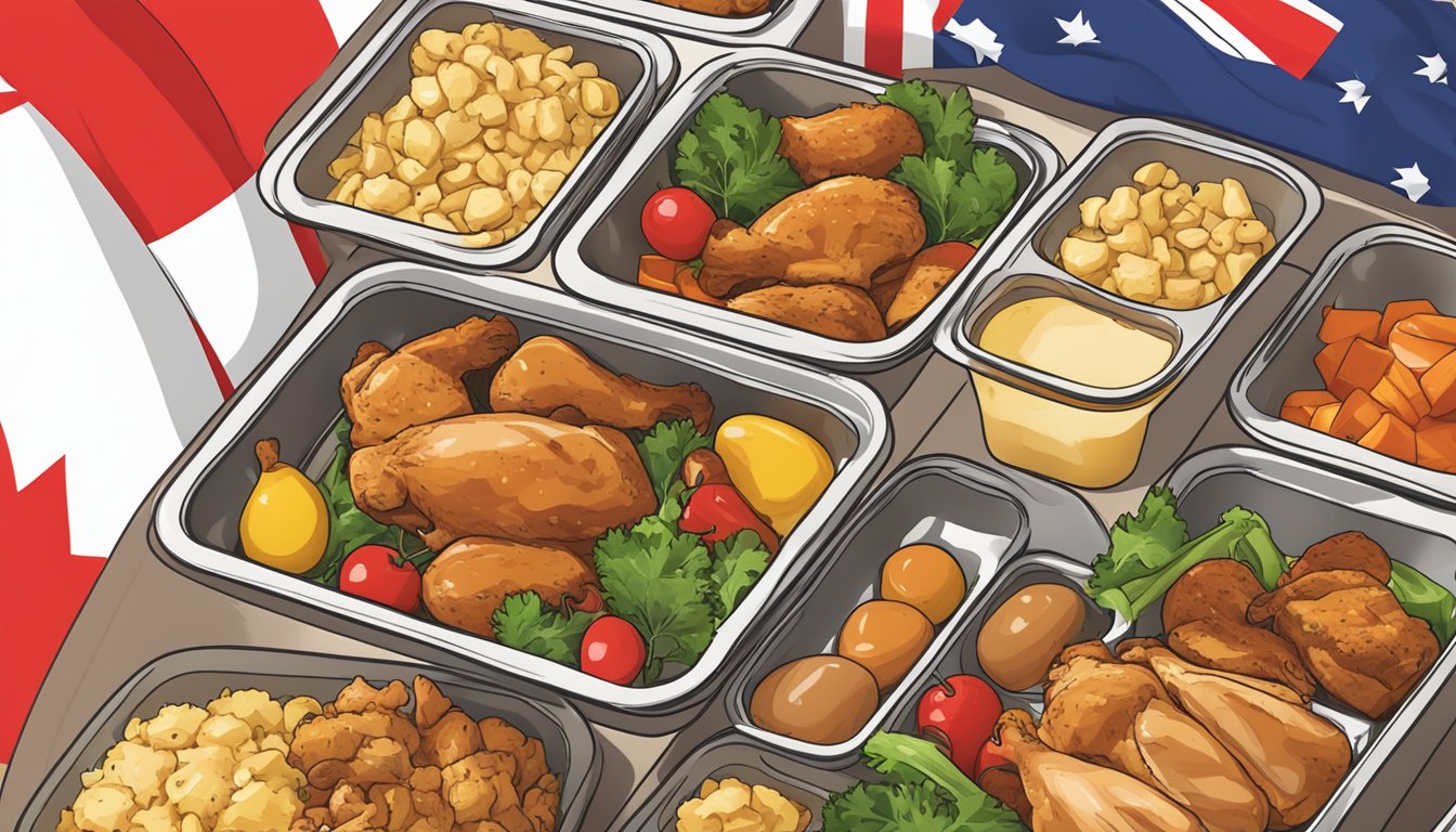 A platter of maple-mustard glazed chicken surrounded by Canadian flag-themed meal prep containers