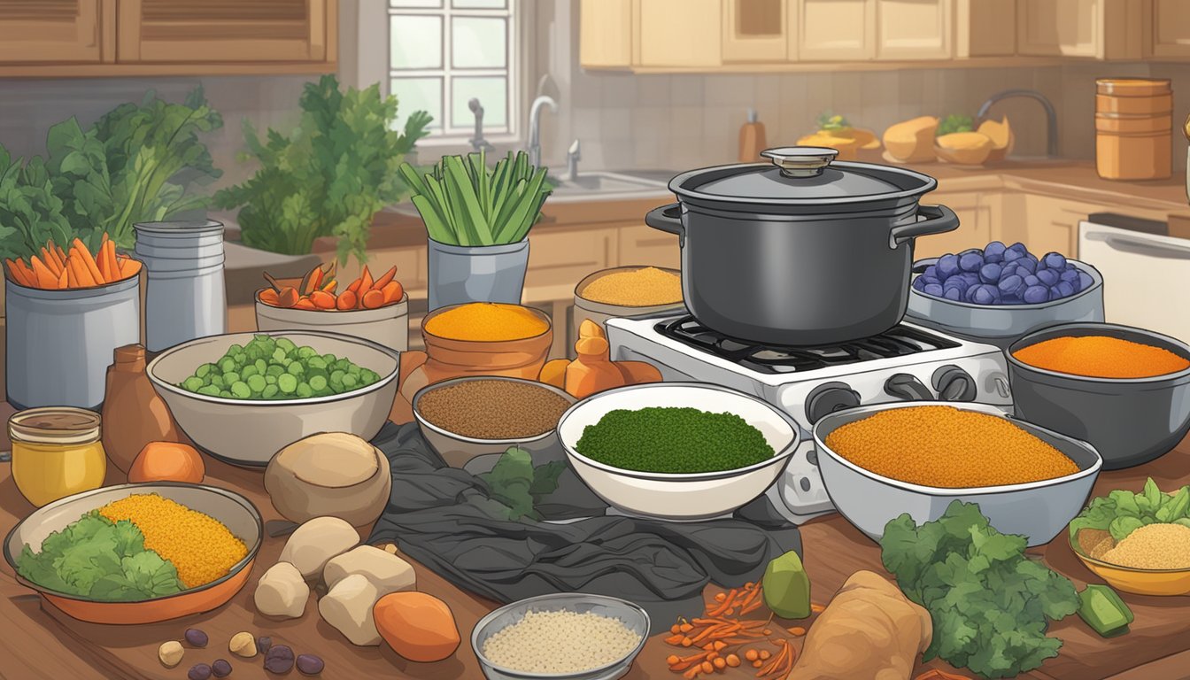 A bubbling pot of Maafe sits on a stove surrounded by colorful ingredients and spices, with 10 meal prep containers nearby for Kwanzaa celebration