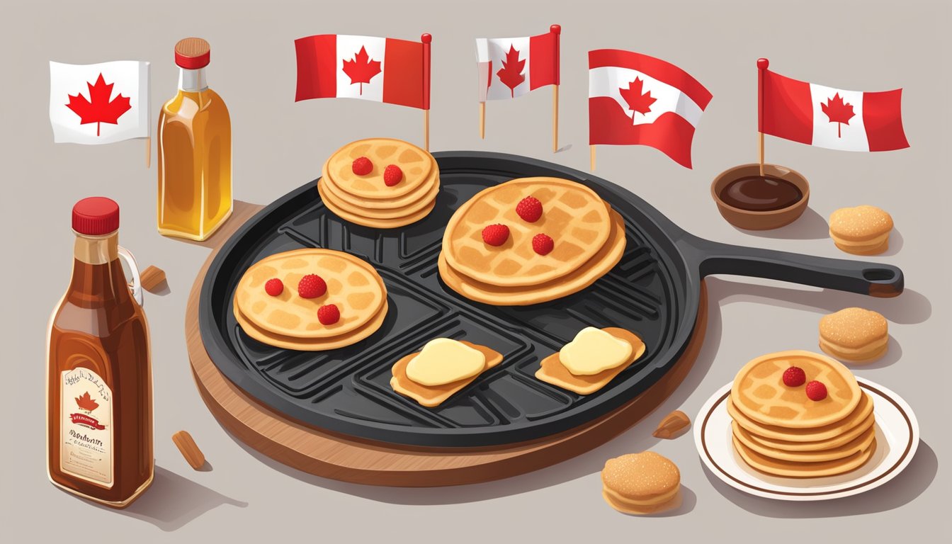 A maple leaf-shaped griddle sizzles with mini pancake bites surrounded by Canadian flag toothpicks, fresh berries, and a bottle of maple syrup