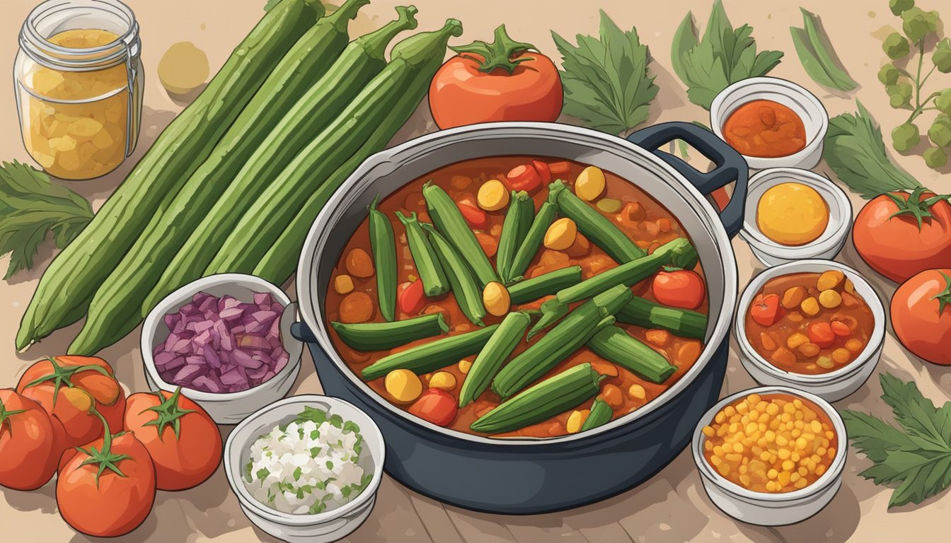 A simmering pot of okra and tomato stew surrounded by colorful kwanzaa-themed meal prep ingredients