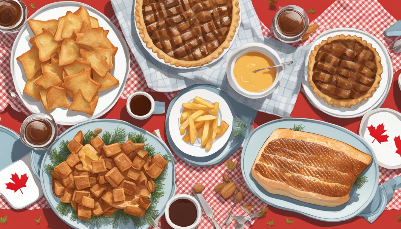 A festive Canada Day picnic spread with prepped dishes like maple-glazed salmon, poutine, and butter tarts, surrounded by red and white decorations