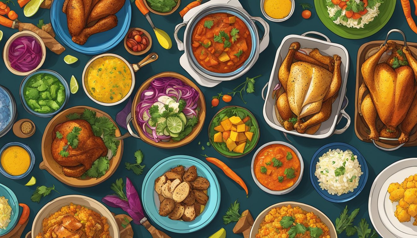 A vibrant table spread with colorful dishes of berbere-roasted chicken and other Kwanzaa meal prep ideas