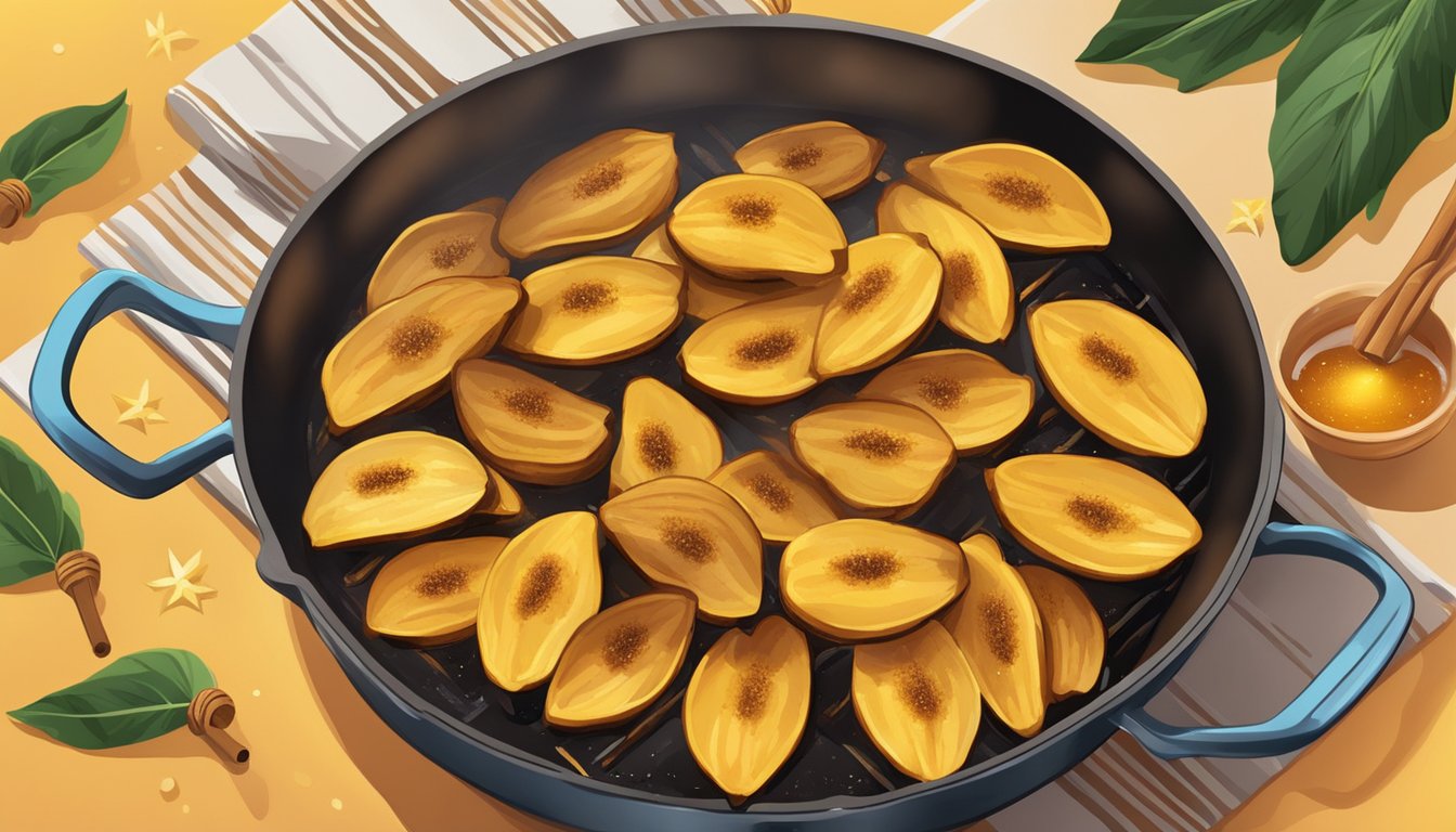 Golden plantains sizzling in a pan, drizzled with honey and sprinkled with cinnamon. A festive Kwanzaa meal prep scene