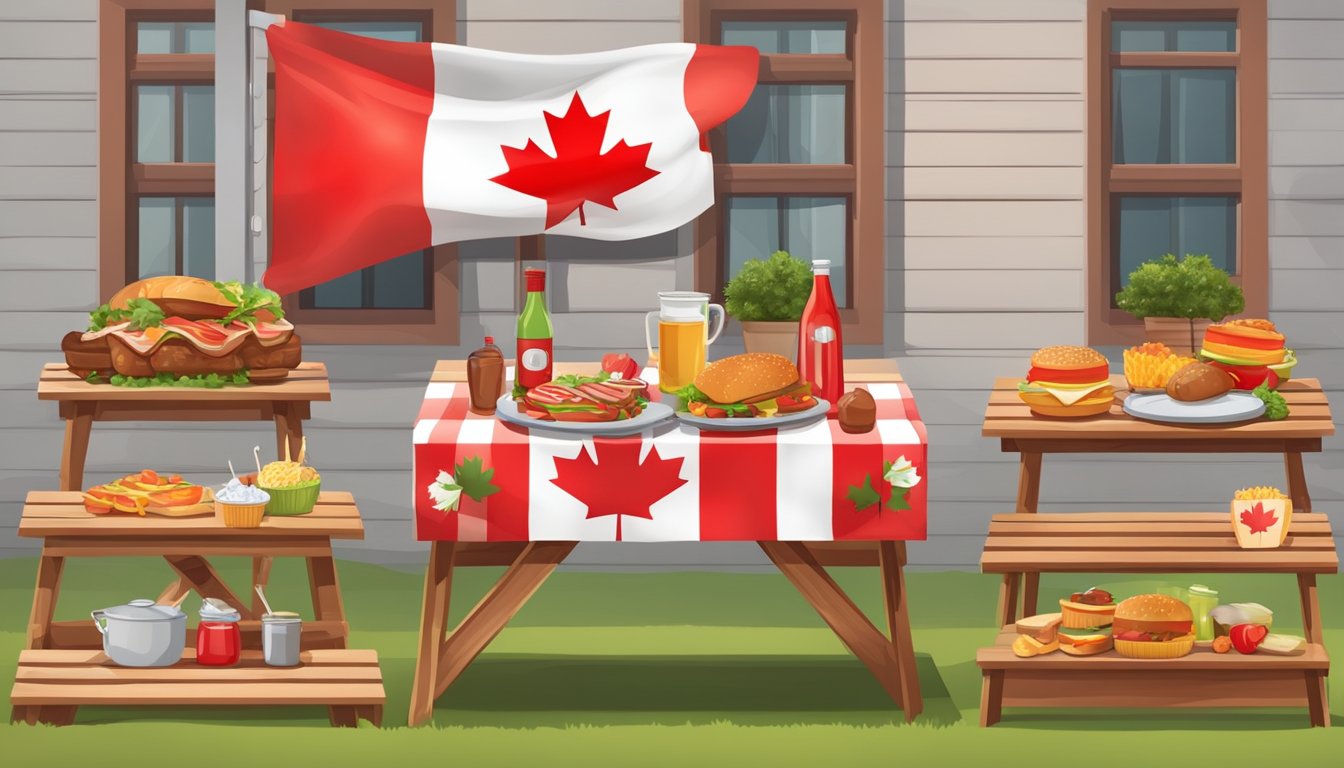 A picnic table set with Canadian flag decor, BBQ grill, and various food items for outdoor Canada Day celebration