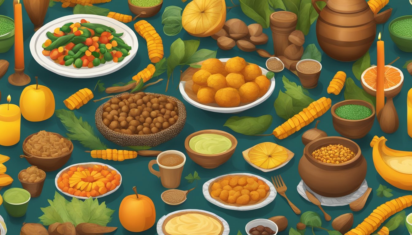 A colorful table spread with traditional Kwanzaa foods, arranged in a festive and symbolic manner