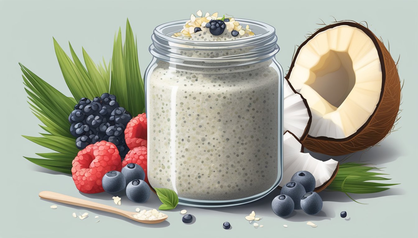 A glass jar filled with coconut butter chia pudding surrounded by ingredients like coconut flakes, chia seeds, and fresh fruit