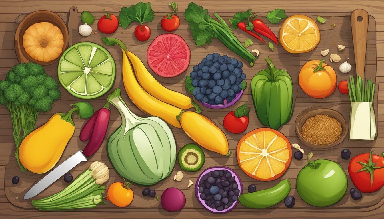 A colorful array of fruits, vegetables, grains, and spices arranged on a wooden cutting board, with various kitchen utensils and containers nearby