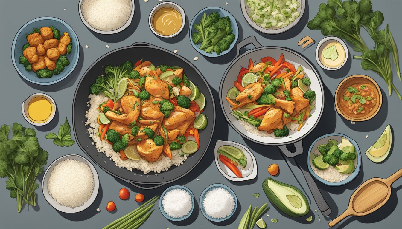 A wok sizzling with coconut butter chicken stir-fry surrounded by prepped ingredients like vegetables, rice, and herbs