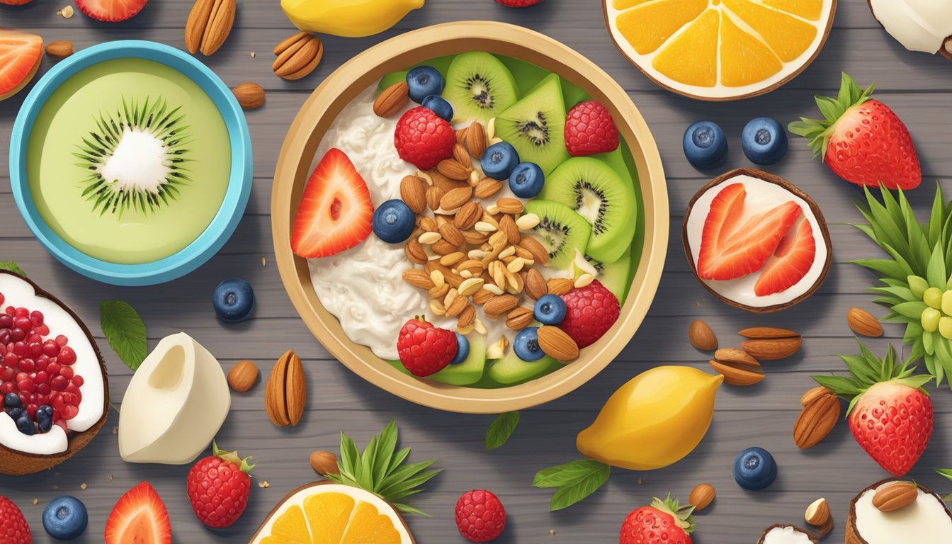 A colorful array of smoothie bowls topped with coconut butter, surrounded by fresh fruit and nuts on a wooden table