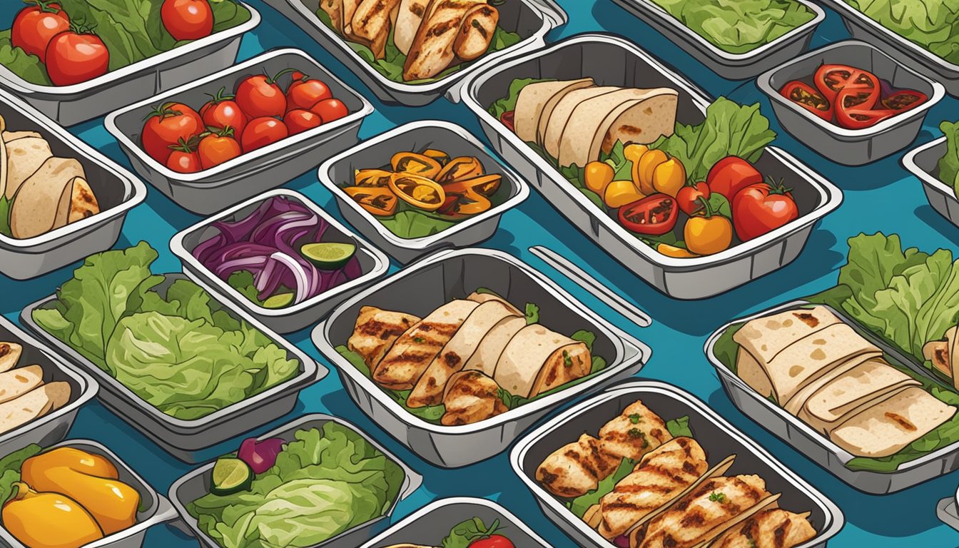 A colorful array of grilled chicken wraps, neatly arranged in meal prep containers, surrounded by vibrant ingredients like lettuce, tomatoes, and peppers