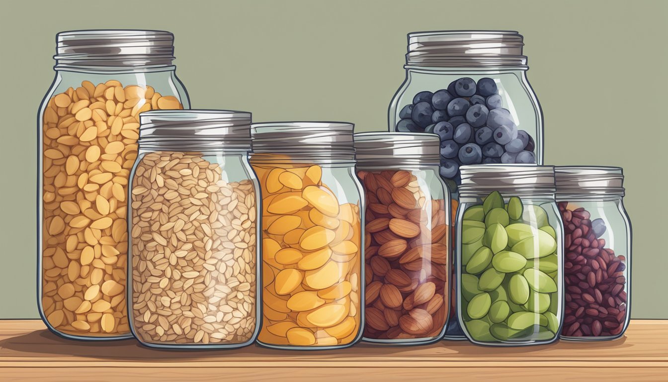 A row of mason jars filled with colorful layers of oats, fruits, and nuts, sitting on a kitchen counter next to a stack of recipe cards