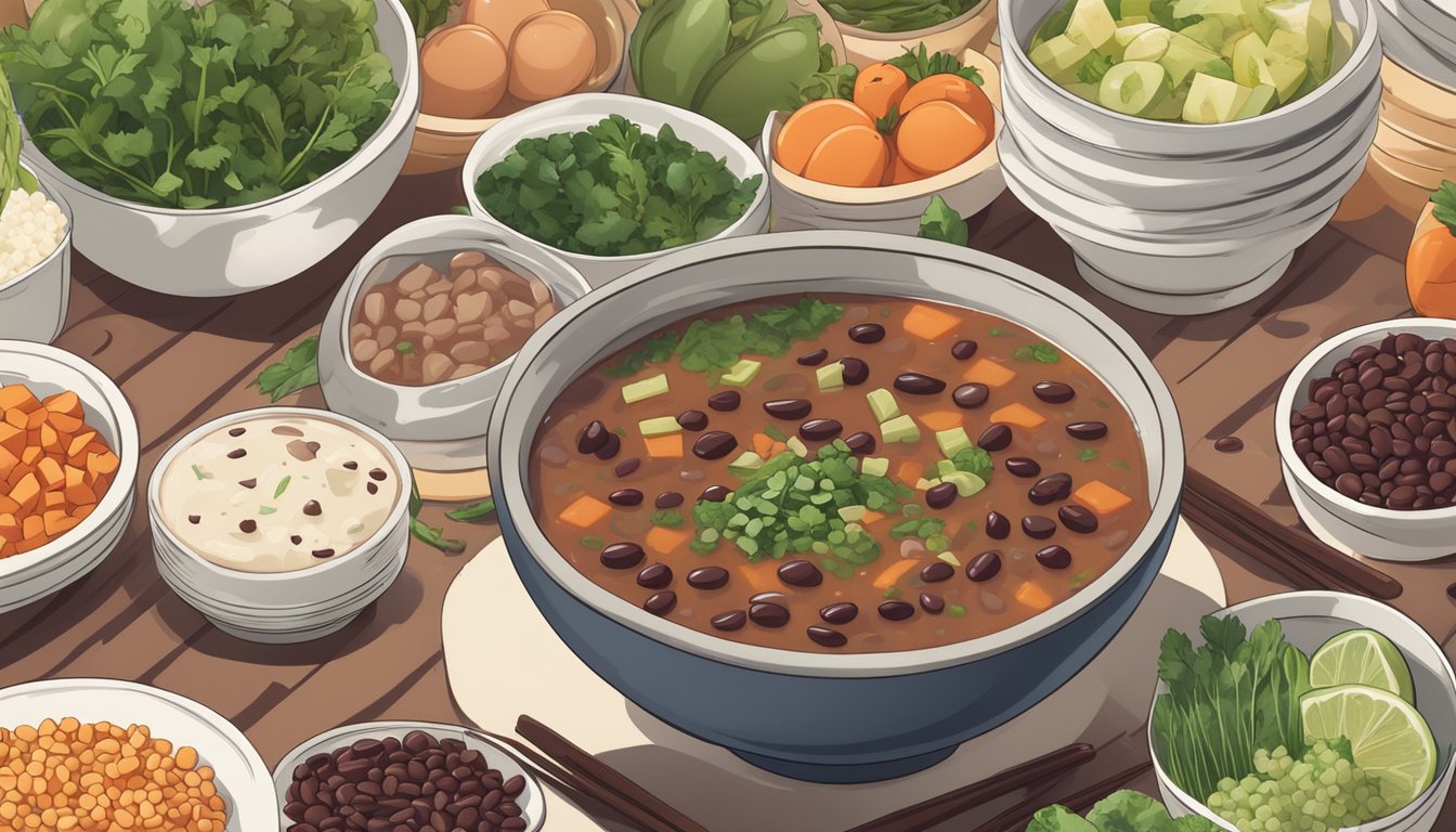 A steaming bowl of adzuki bean soup surrounded by various meal prep ingredients and containers