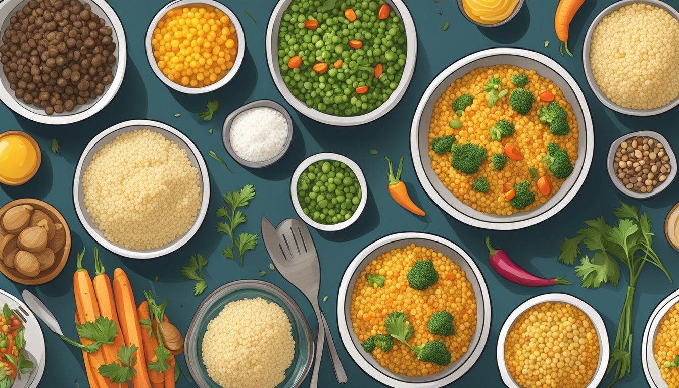 A table set with 10 colorful bowls of roasted vegetable couscous, surrounded by various meal prep ingredients and utensils