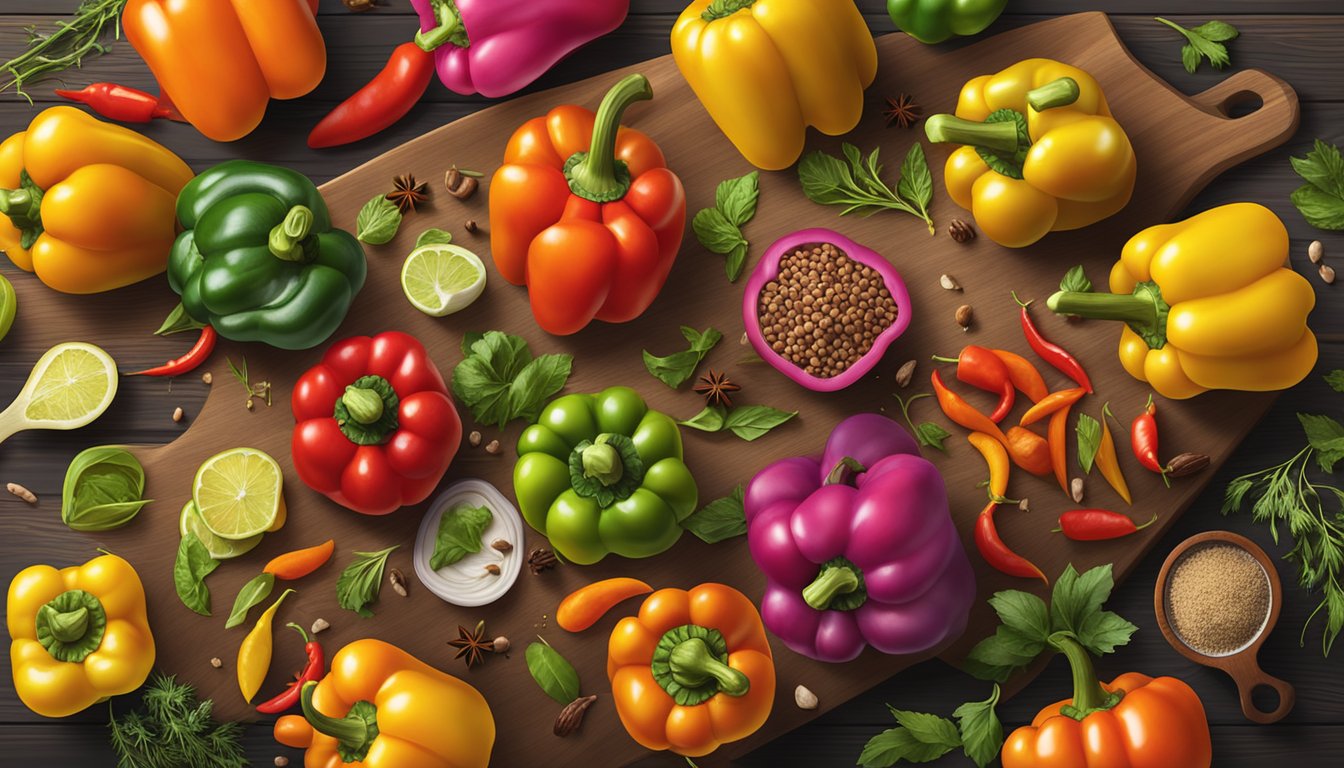 A colorful array of stuffed bell peppers arranged on a wooden cutting board, surrounded by various spices and herbs