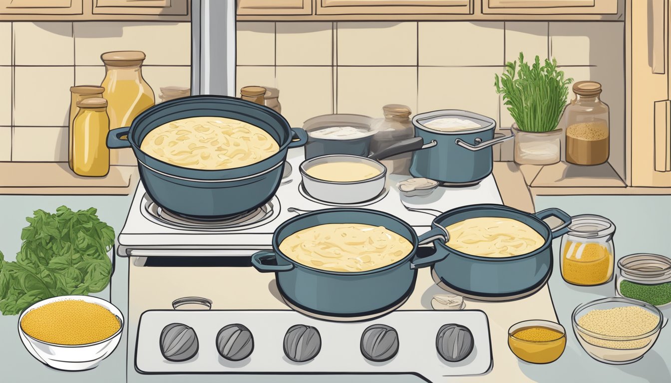 A pot of creamy vegan alfredo sauce simmering on a stove, surrounded by bowls of nutritional yeast flakes, garlic, and other ingredients for meal prep