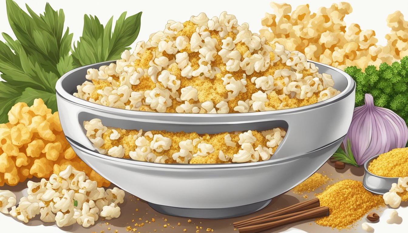 A bowl of popcorn with savory seasoning sprinkled on top, surrounded by ingredients like nutritional yeast flakes, herbs, and spices