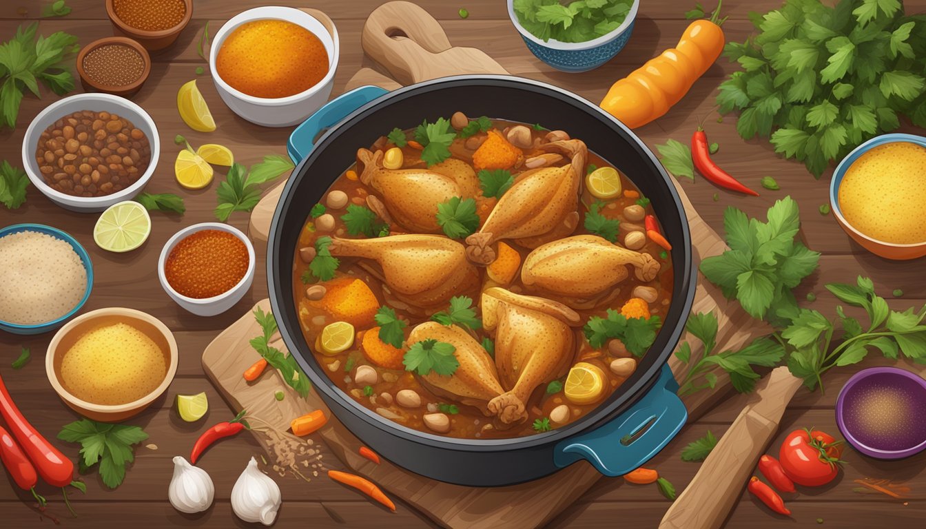 A steaming pot of Moroccan chicken stew surrounded by colorful spices and fresh ingredients on a wooden cutting board