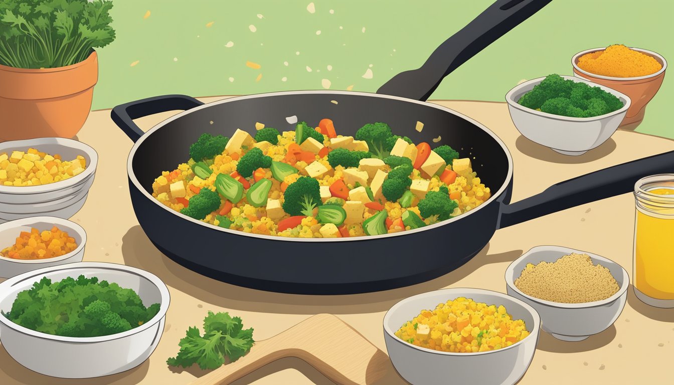 A colorful array of chopped vegetables and tofu scramble sizzling in a skillet, with a sprinkle of nutritional yeast flakes being added for extra flavor