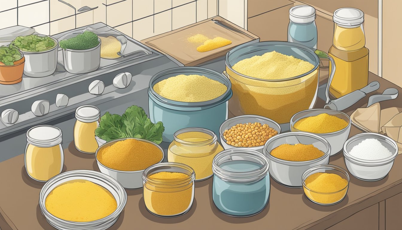 A colorful array of fresh ingredients and jars of nutritional yeast flakes on a kitchen counter, with pots and pans ready for cooking