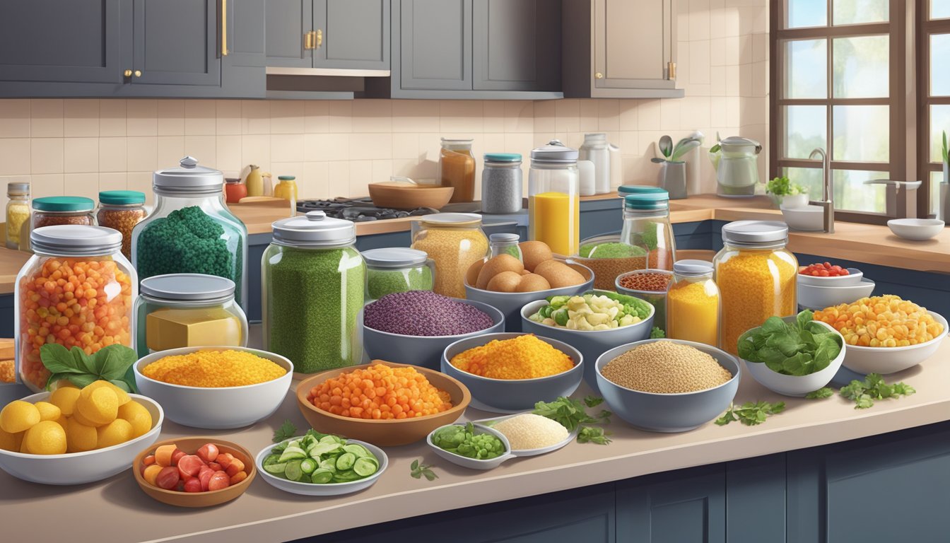 A kitchen counter filled with colorful prepped ingredients and containers, showcasing a variety of healthy meal options for Ramadan