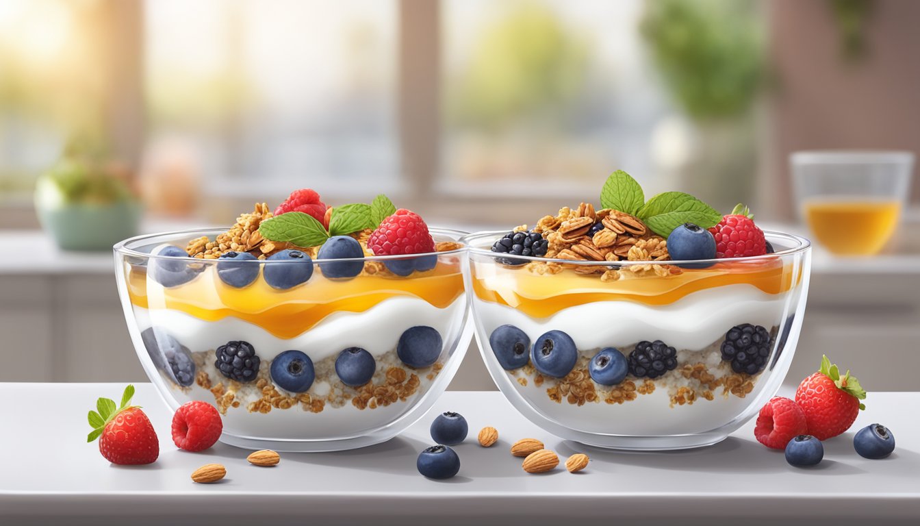 A clear glass bowl filled with layers of Greek yogurt, fresh berries, and granola, topped with a drizzle of honey and a sprinkle of chia seeds