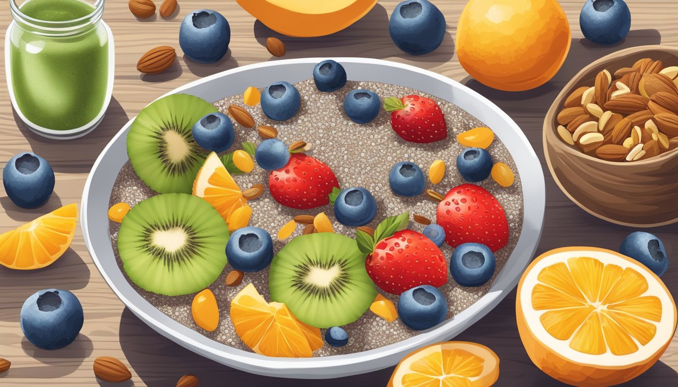 A colorful coconut chia seed pudding bowl surrounded by fresh fruits, nuts, and seeds on a wooden table