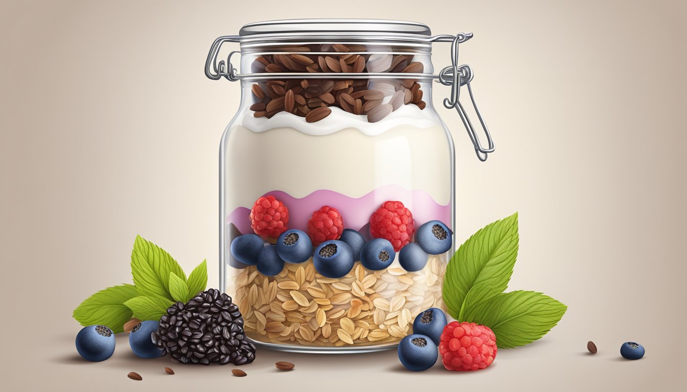 A glass jar filled with layers of oats, yogurt, and cacao nibs, topped with fresh berries and sealed with a lid