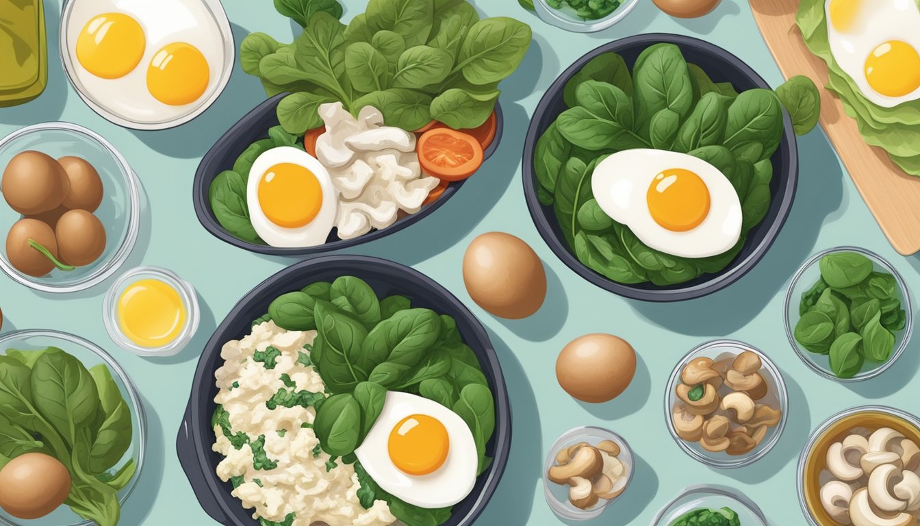 A colorful bowl filled with egg whites, spinach, and mushrooms, surrounded by fresh ingredients and meal prep containers