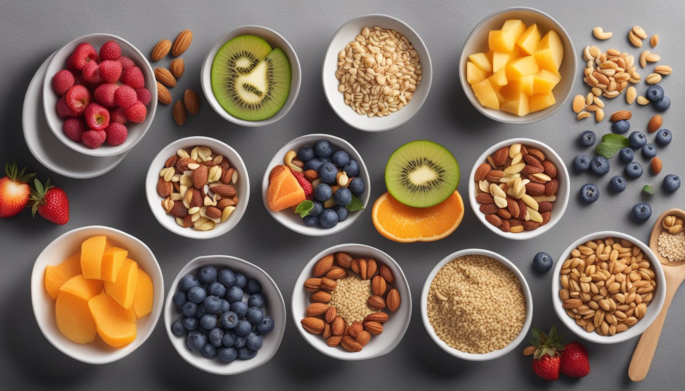 A variety of colorful fruits, nuts, seeds, and grains arranged neatly in six different bowls, showcasing the nutritional benefits of breakfast bowls